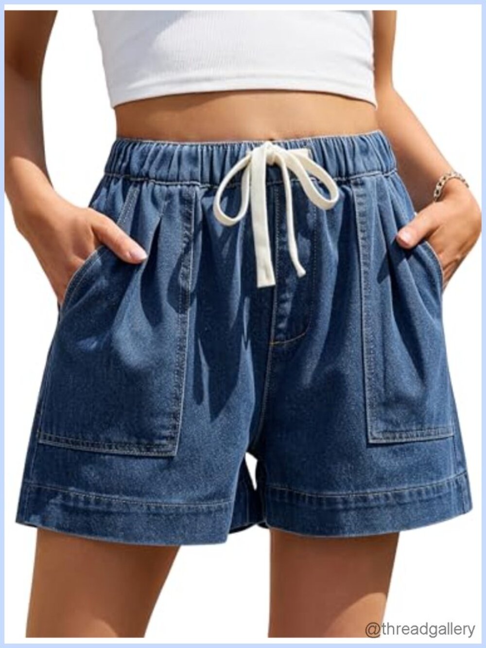 High Waisted Drawstring Jean Shorts Pull On Denim Casual